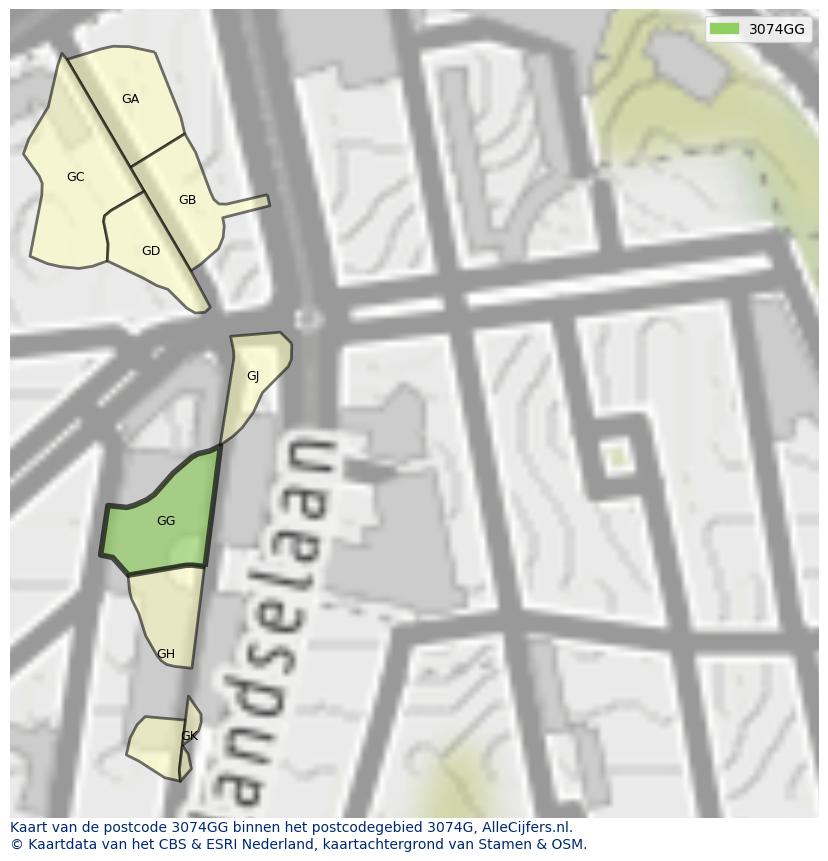 Afbeelding van het postcodegebied 3074 GG op de kaart.