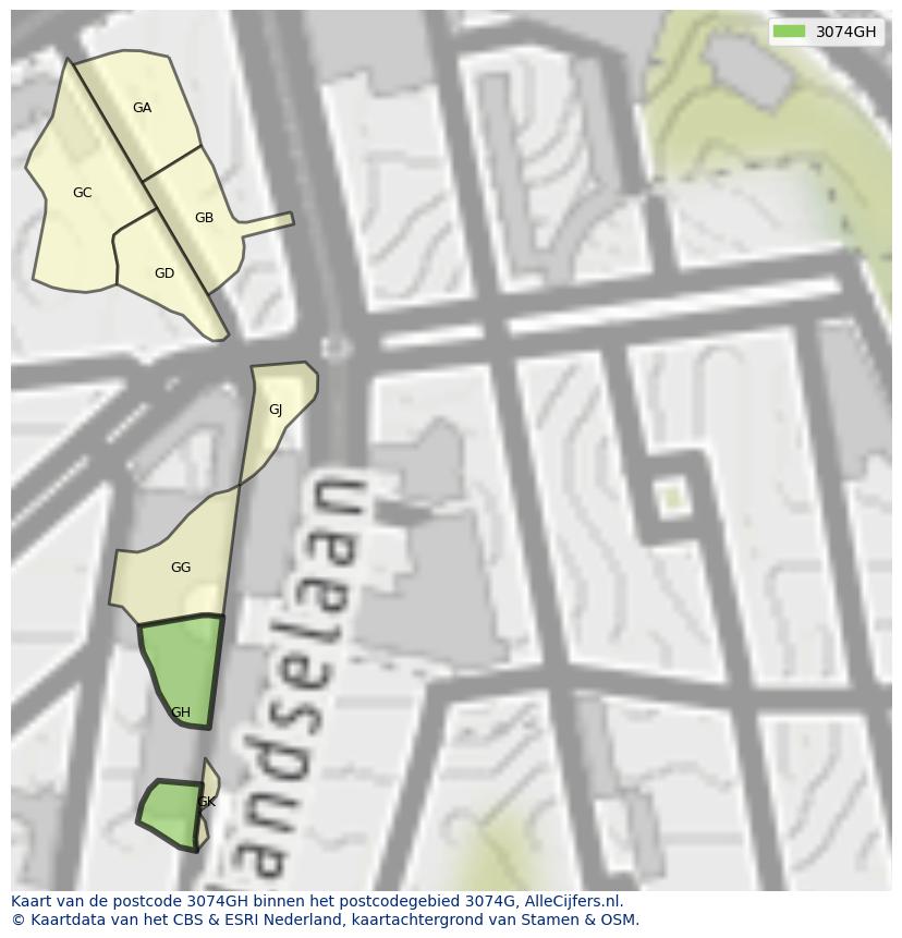 Afbeelding van het postcodegebied 3074 GH op de kaart.