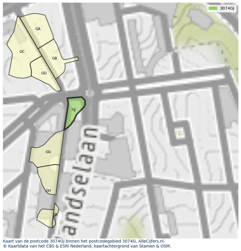 Afbeelding van het postcodegebied 3074 GJ op de kaart.