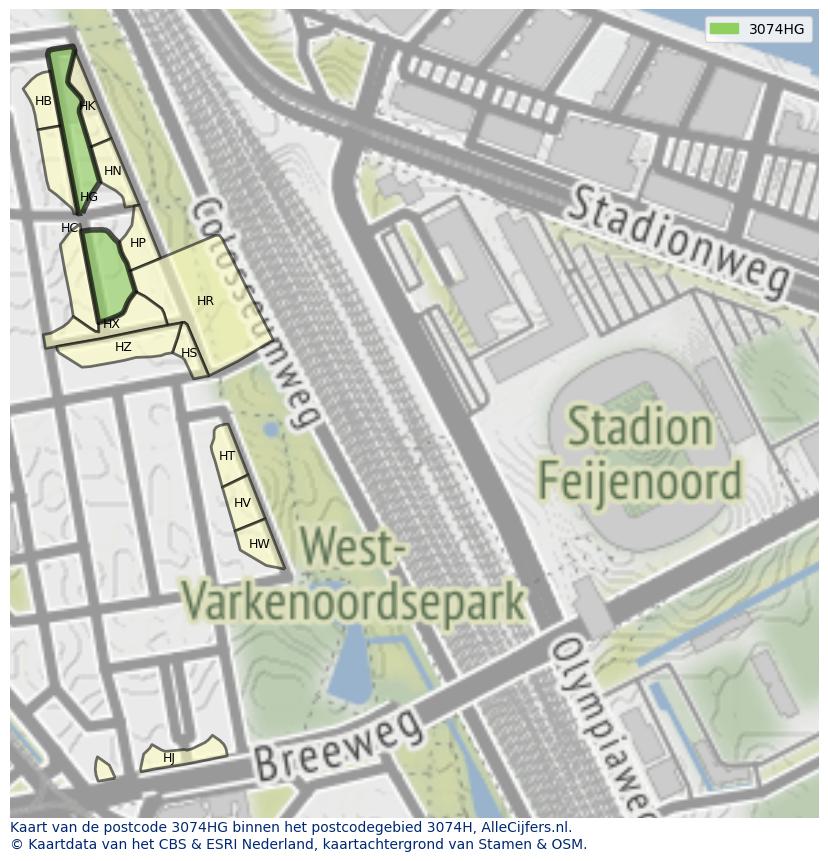 Afbeelding van het postcodegebied 3074 HG op de kaart.