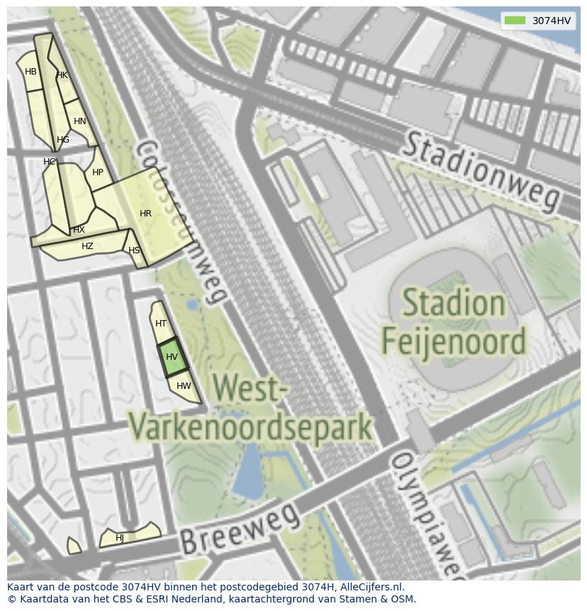 Afbeelding van het postcodegebied 3074 HV op de kaart.