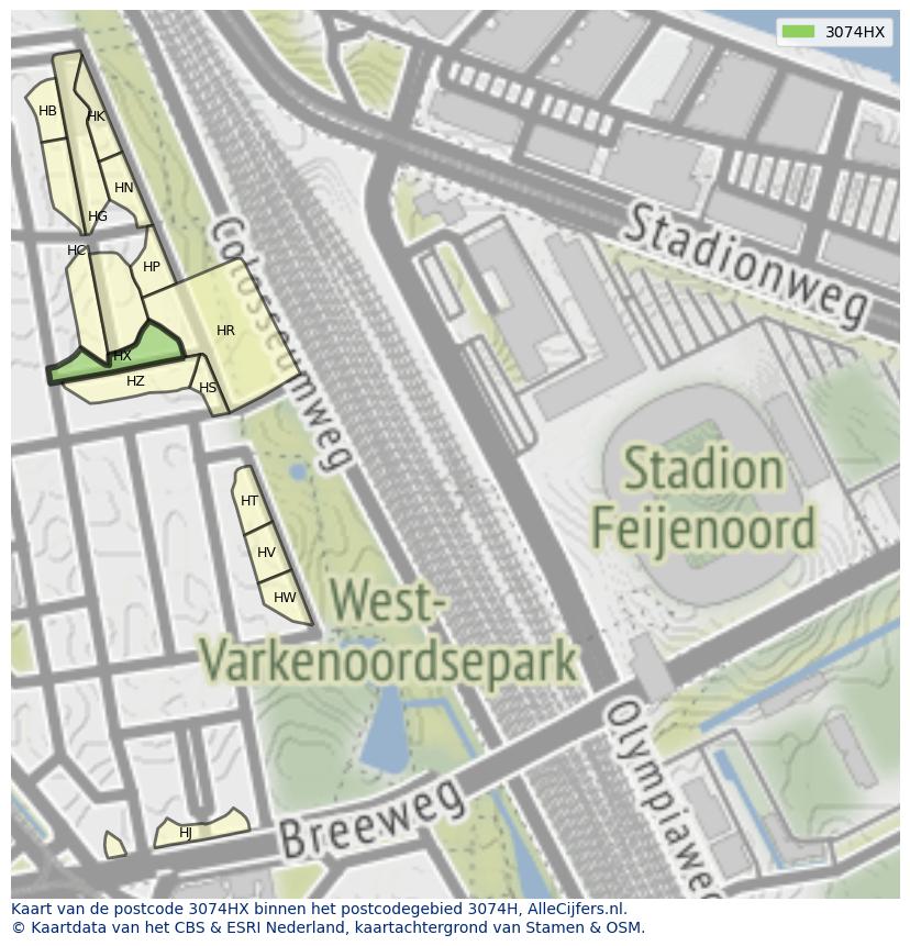 Afbeelding van het postcodegebied 3074 HX op de kaart.
