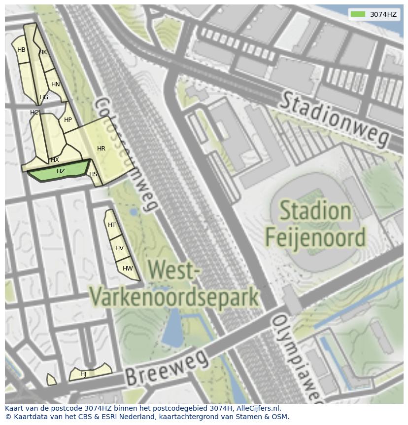 Afbeelding van het postcodegebied 3074 HZ op de kaart.