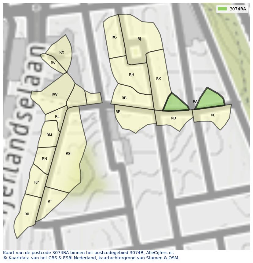 Afbeelding van het postcodegebied 3074 RA op de kaart.
