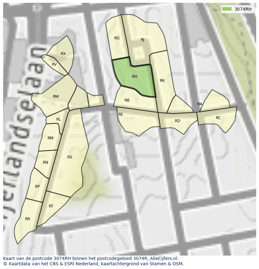 Afbeelding van het postcodegebied 3074 RH op de kaart.