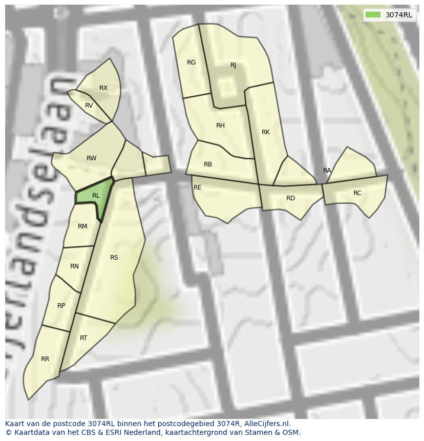 Afbeelding van het postcodegebied 3074 RL op de kaart.
