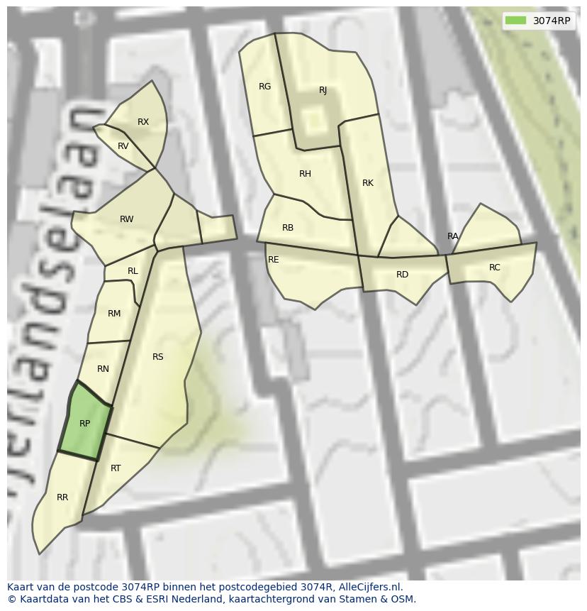 Afbeelding van het postcodegebied 3074 RP op de kaart.