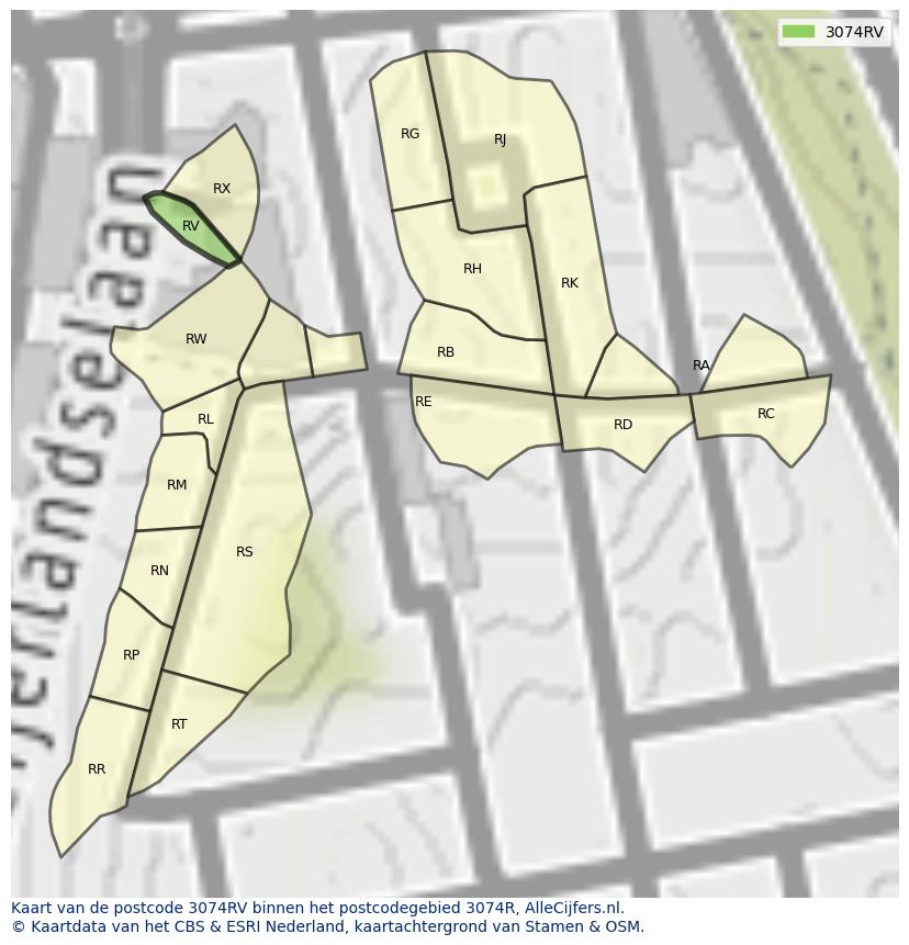 Afbeelding van het postcodegebied 3074 RV op de kaart.