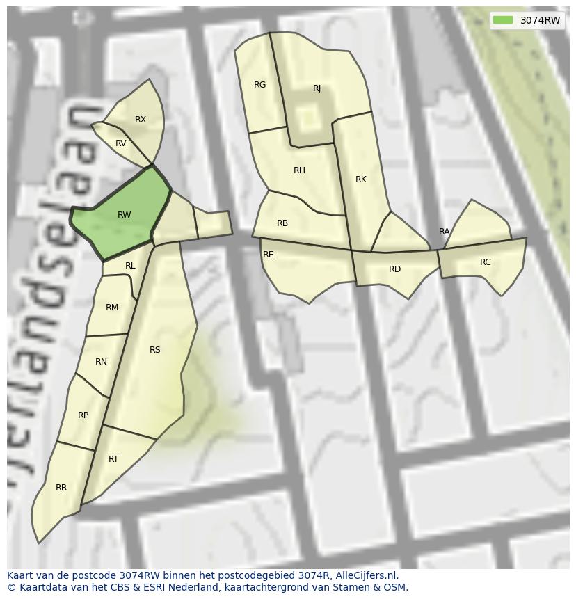 Afbeelding van het postcodegebied 3074 RW op de kaart.