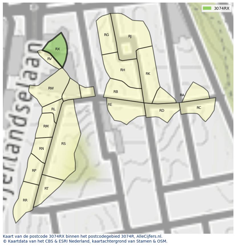 Afbeelding van het postcodegebied 3074 RX op de kaart.