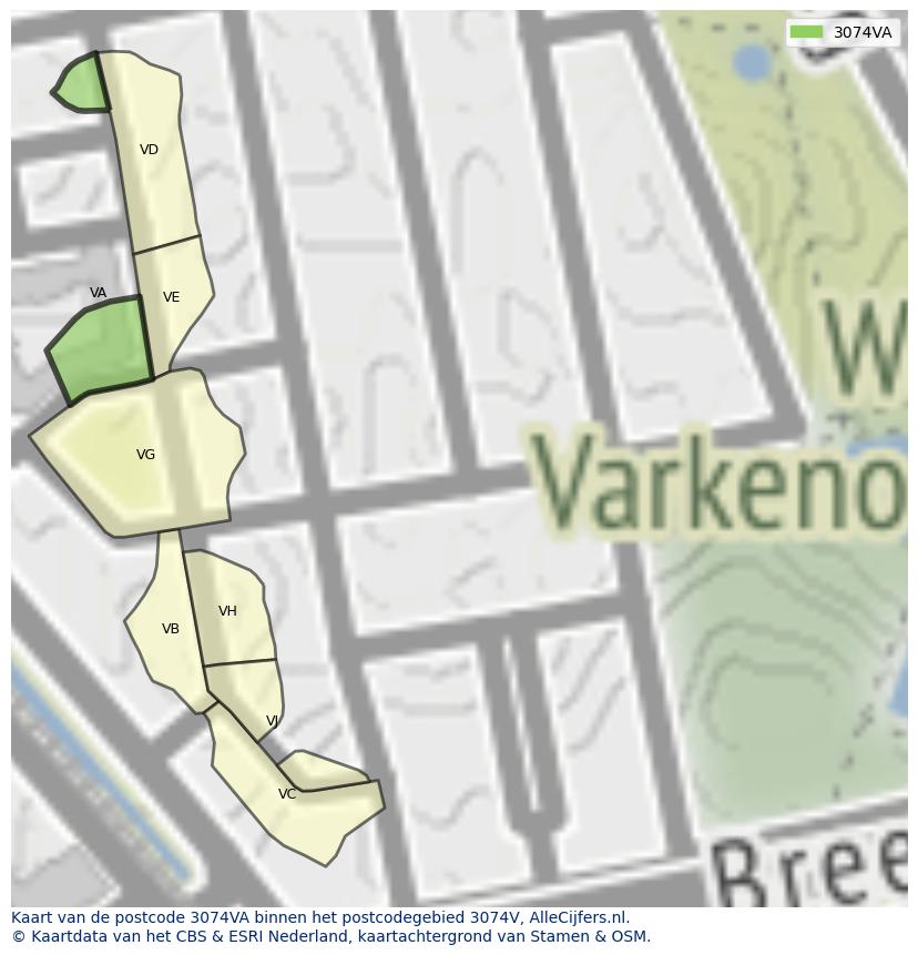 Afbeelding van het postcodegebied 3074 VA op de kaart.