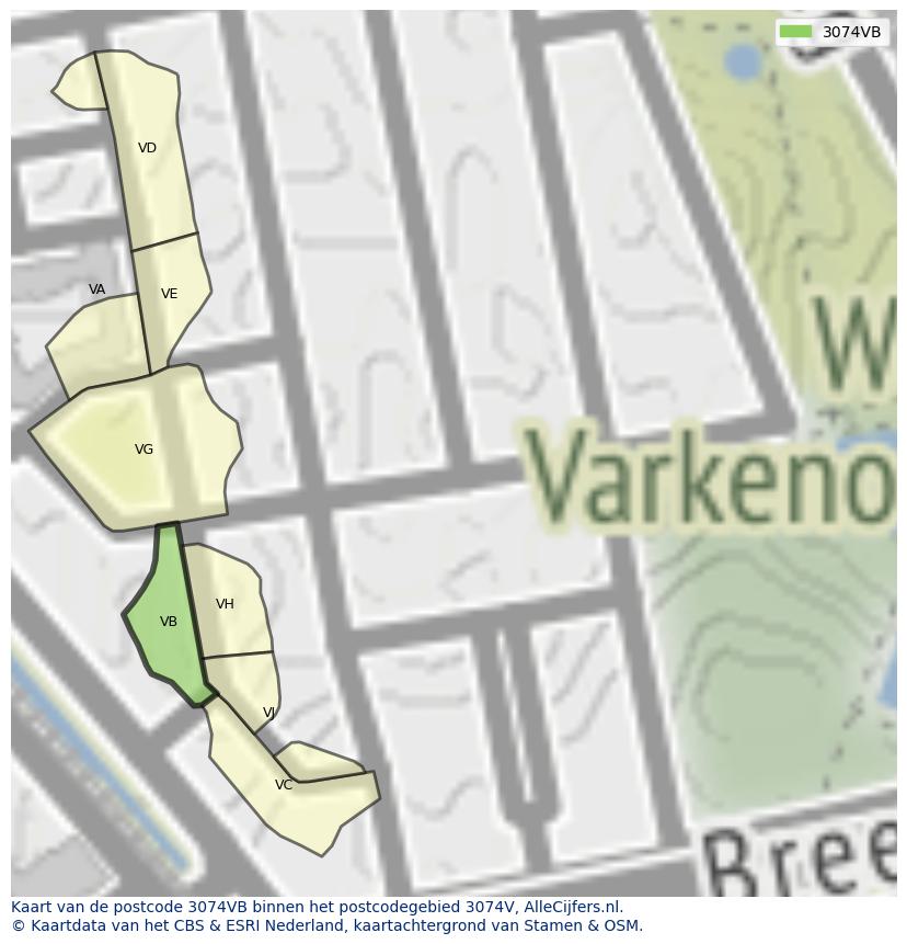 Afbeelding van het postcodegebied 3074 VB op de kaart.