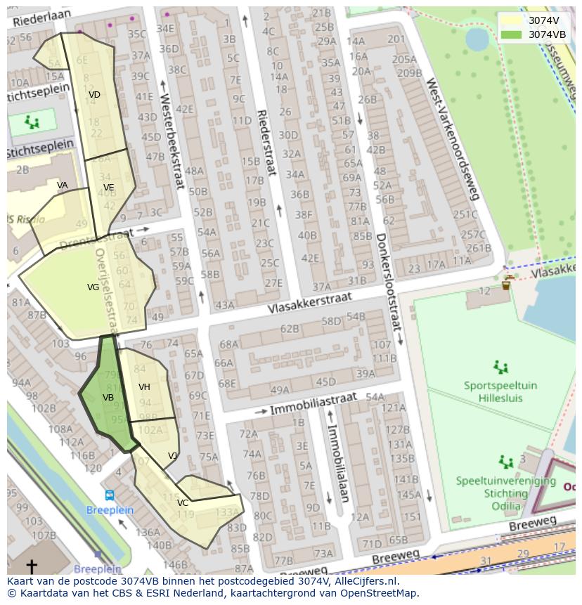 Afbeelding van het postcodegebied 3074 VB op de kaart.