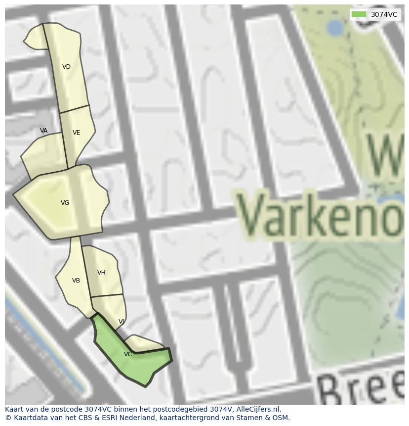 Afbeelding van het postcodegebied 3074 VC op de kaart.