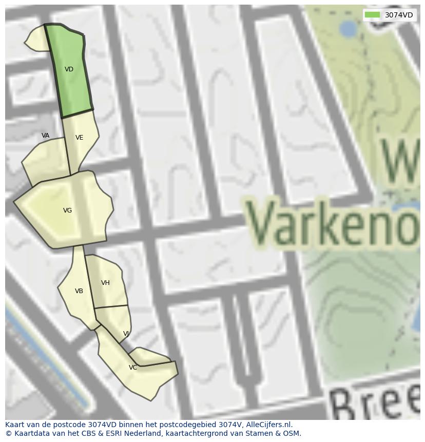 Afbeelding van het postcodegebied 3074 VD op de kaart.