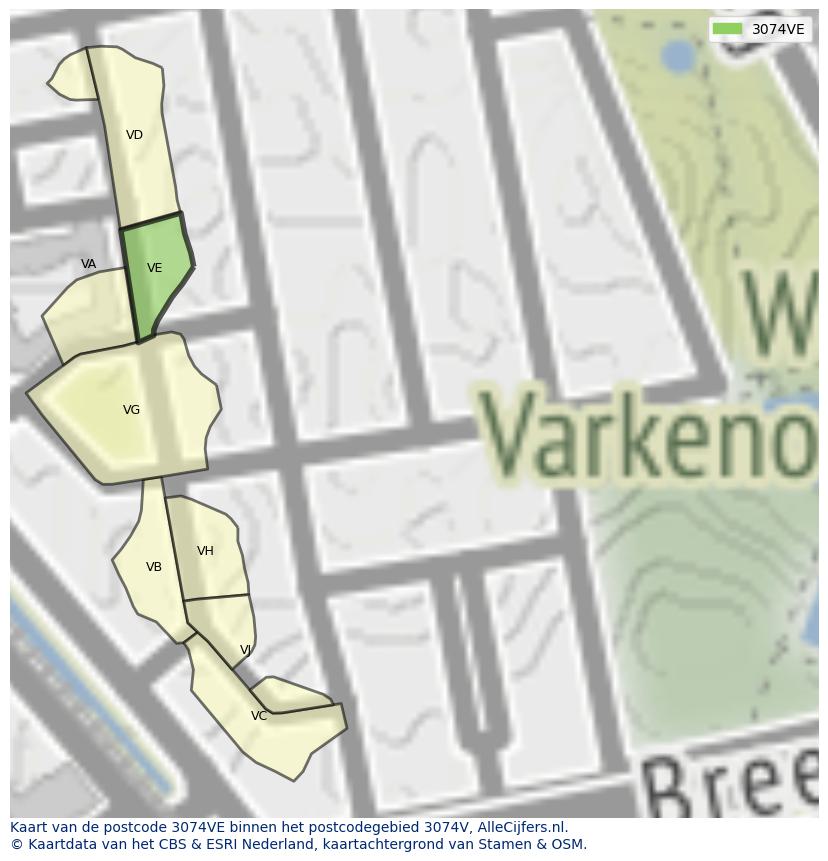 Afbeelding van het postcodegebied 3074 VE op de kaart.