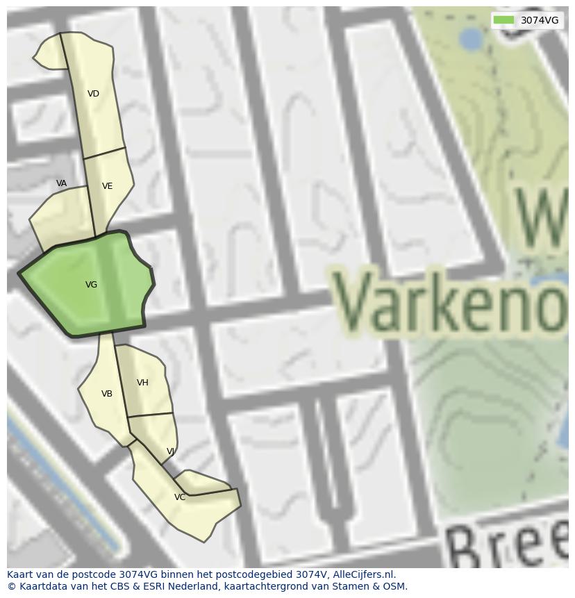 Afbeelding van het postcodegebied 3074 VG op de kaart.