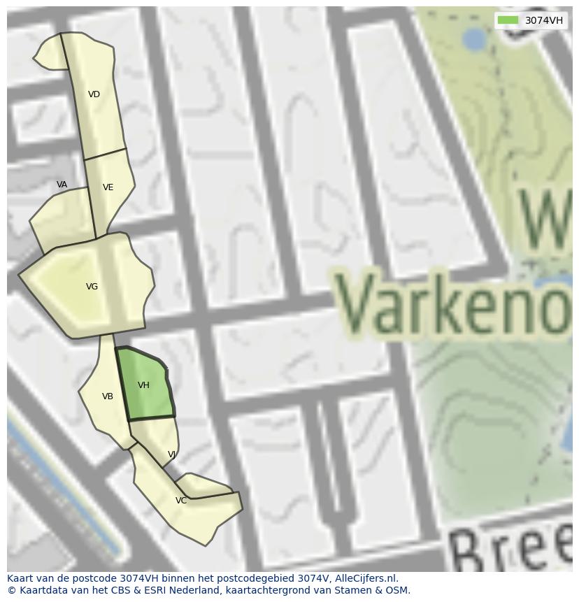 Afbeelding van het postcodegebied 3074 VH op de kaart.