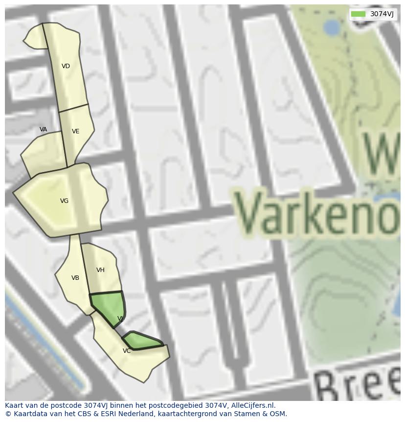 Afbeelding van het postcodegebied 3074 VJ op de kaart.