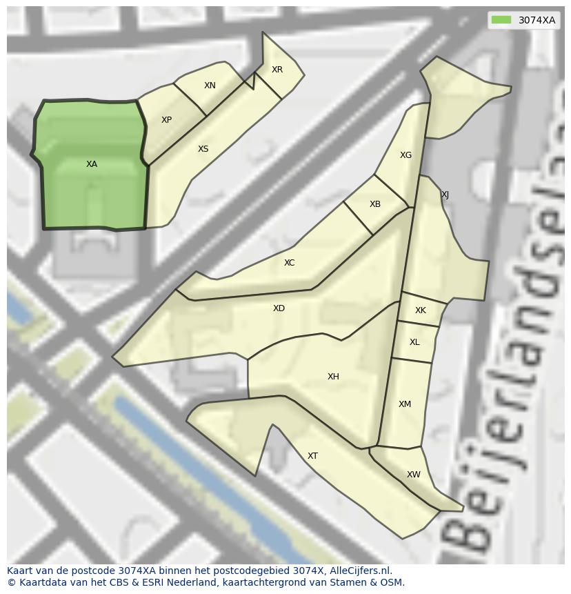 Afbeelding van het postcodegebied 3074 XA op de kaart.