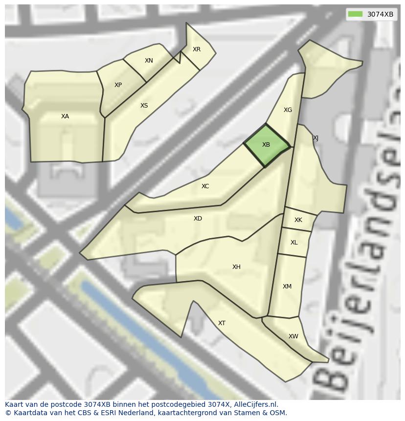 Afbeelding van het postcodegebied 3074 XB op de kaart.