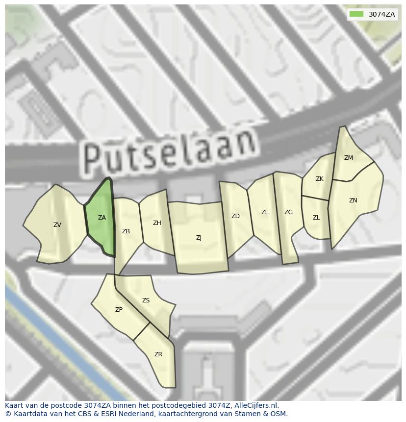 Afbeelding van het postcodegebied 3074 ZA op de kaart.