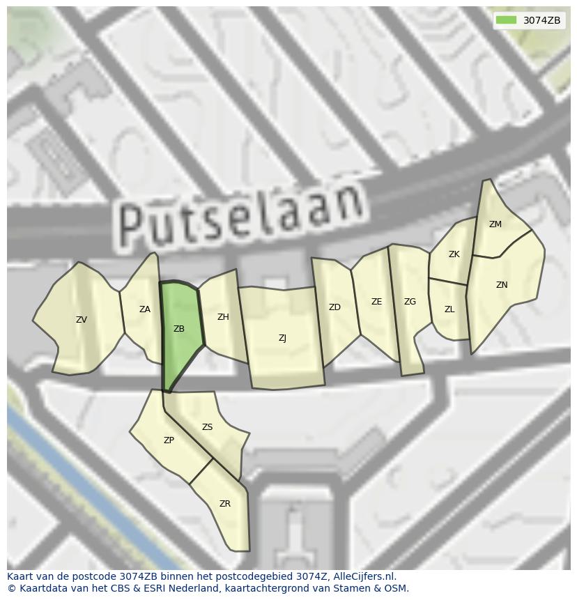 Afbeelding van het postcodegebied 3074 ZB op de kaart.