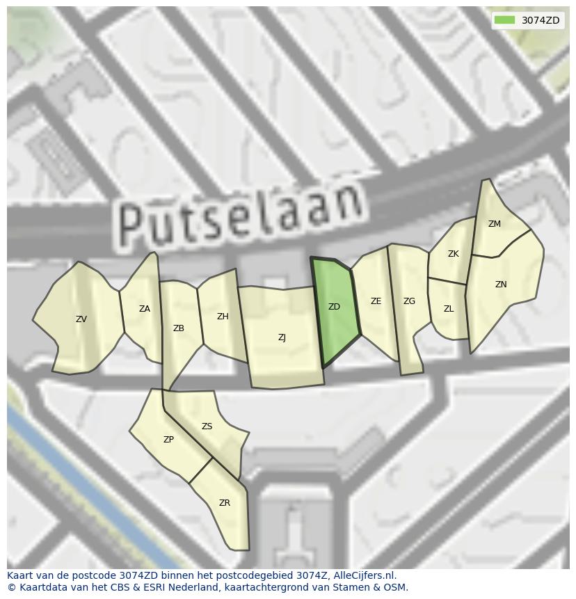 Afbeelding van het postcodegebied 3074 ZD op de kaart.