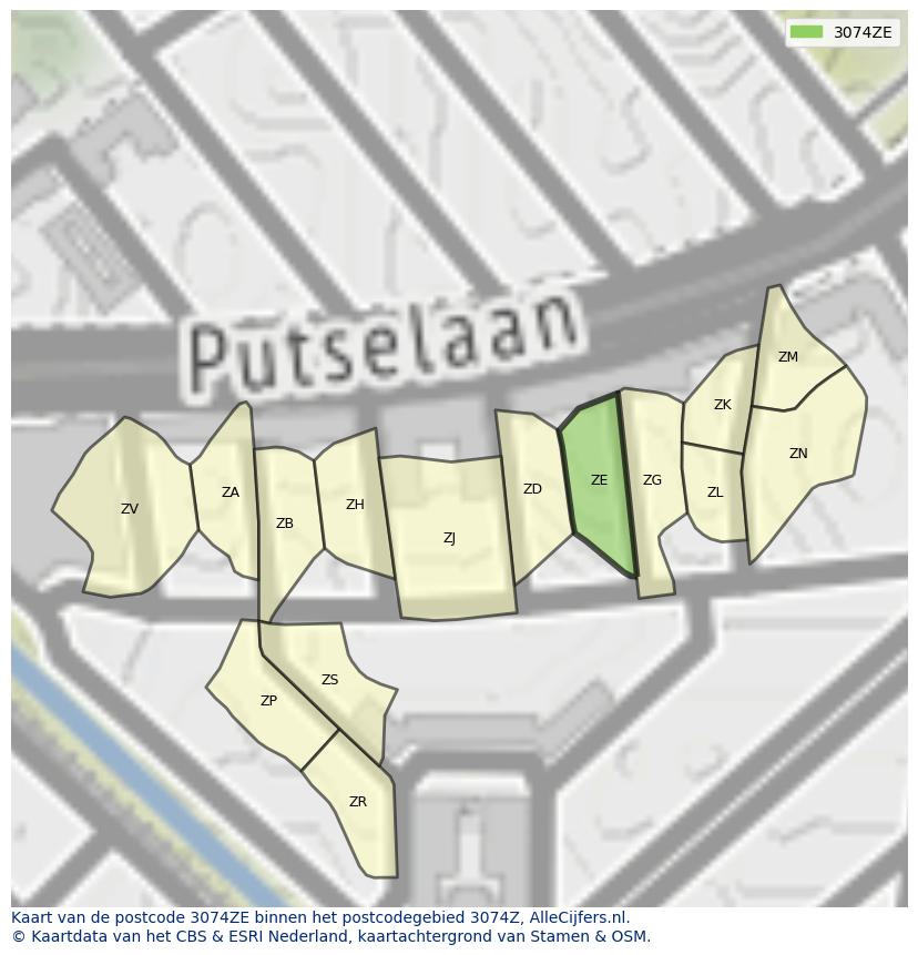 Afbeelding van het postcodegebied 3074 ZE op de kaart.