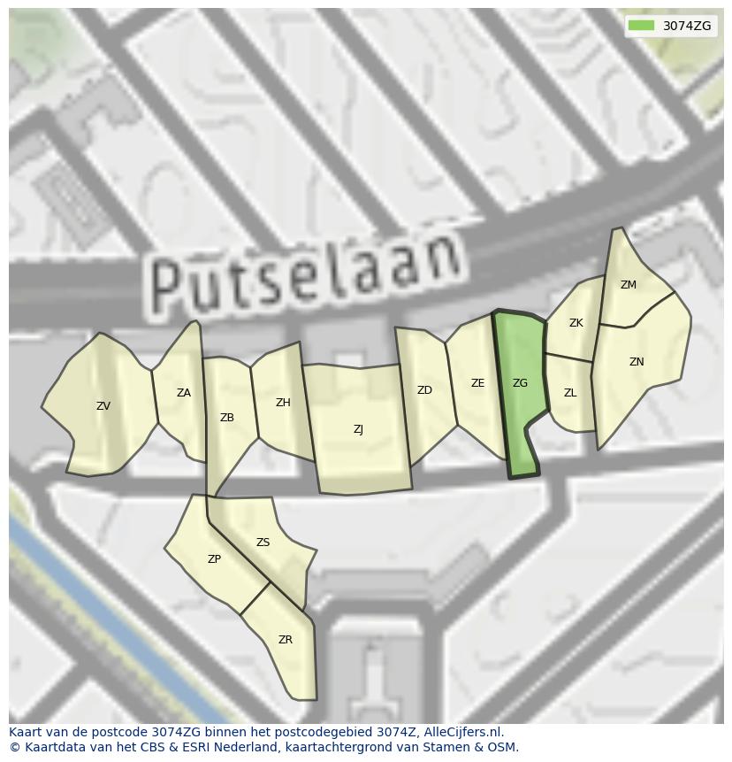 Afbeelding van het postcodegebied 3074 ZG op de kaart.