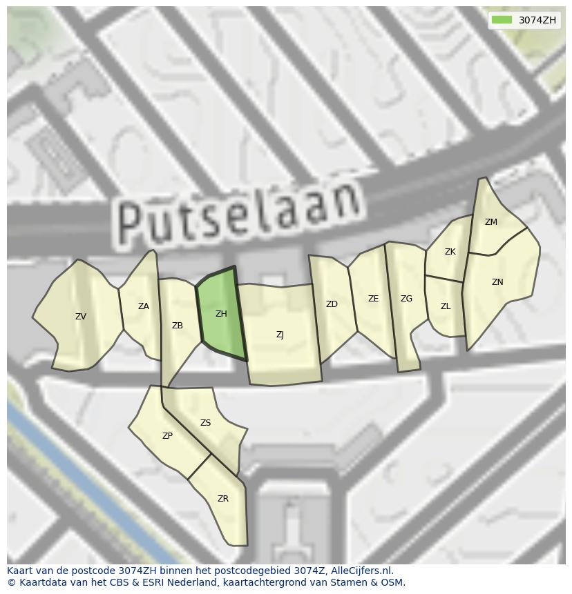 Afbeelding van het postcodegebied 3074 ZH op de kaart.