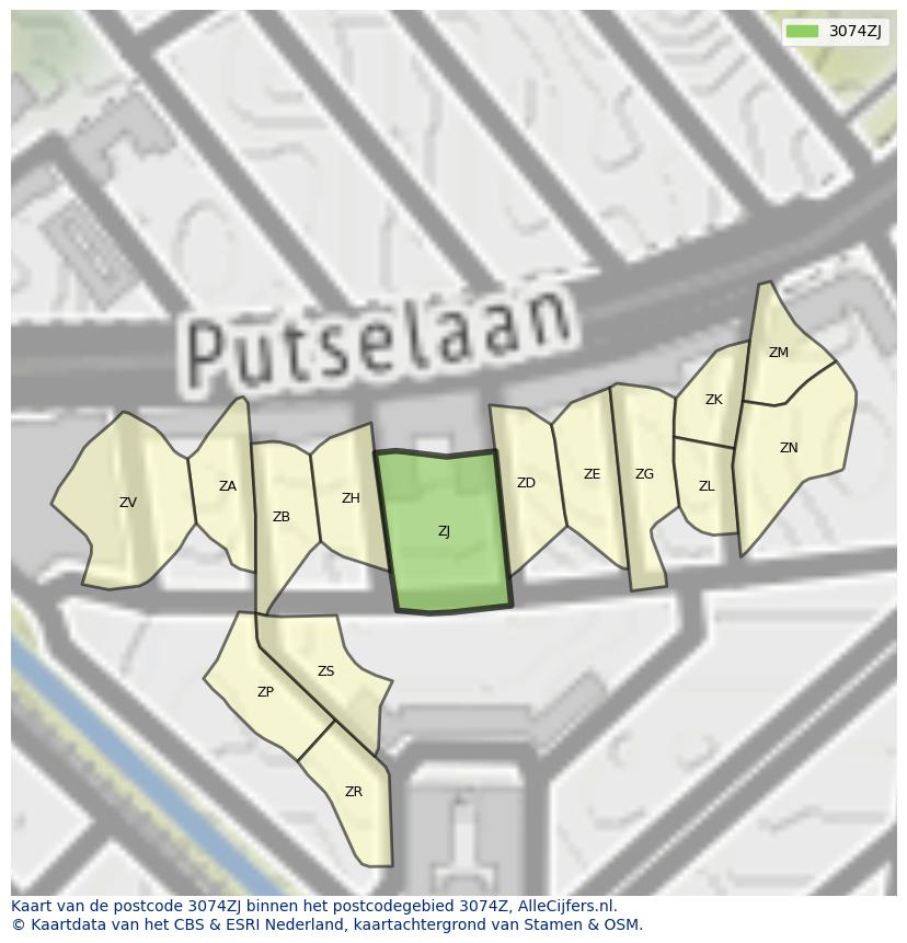 Afbeelding van het postcodegebied 3074 ZJ op de kaart.