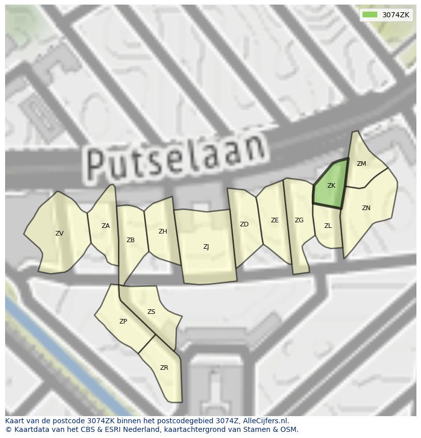 Afbeelding van het postcodegebied 3074 ZK op de kaart.