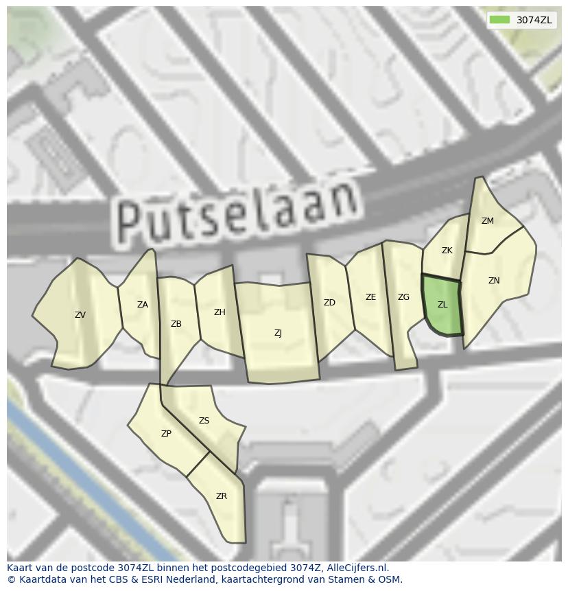 Afbeelding van het postcodegebied 3074 ZL op de kaart.