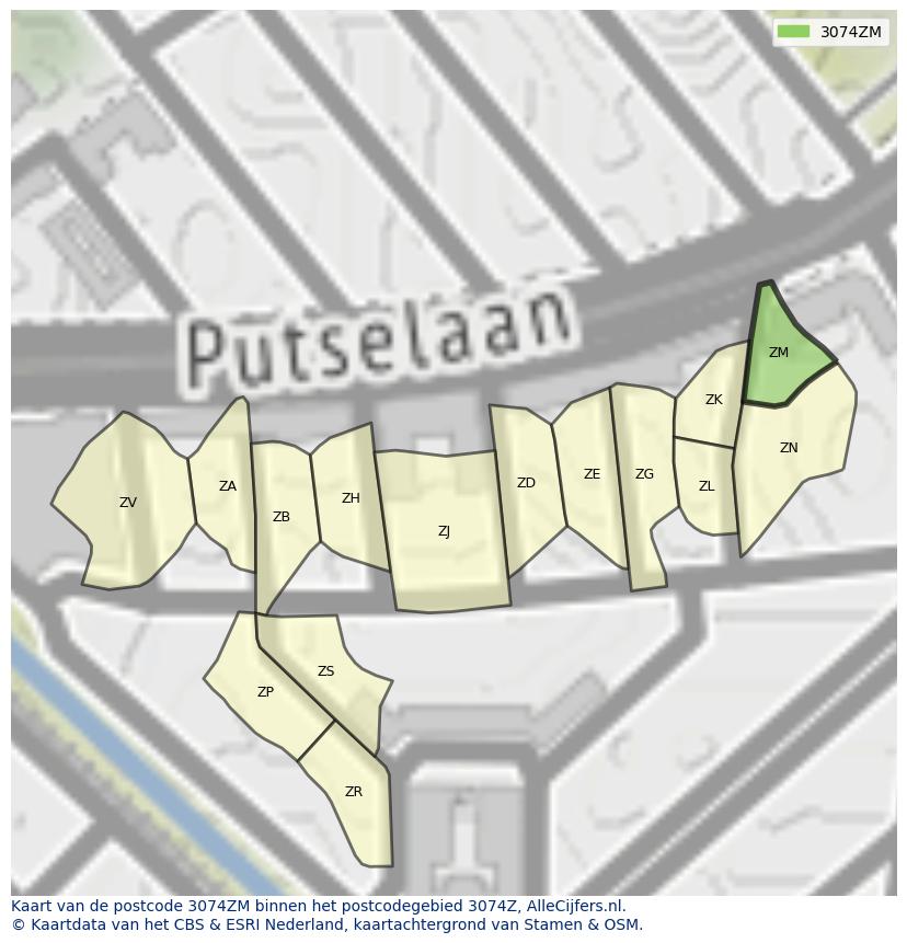 Afbeelding van het postcodegebied 3074 ZM op de kaart.