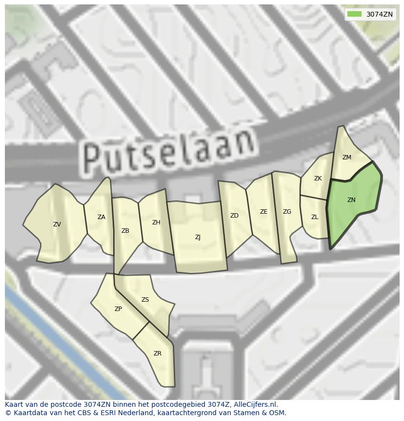 Afbeelding van het postcodegebied 3074 ZN op de kaart.