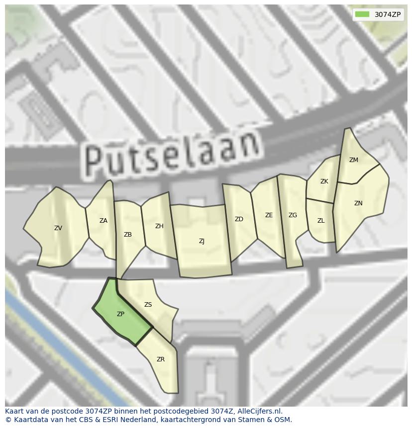 Afbeelding van het postcodegebied 3074 ZP op de kaart.