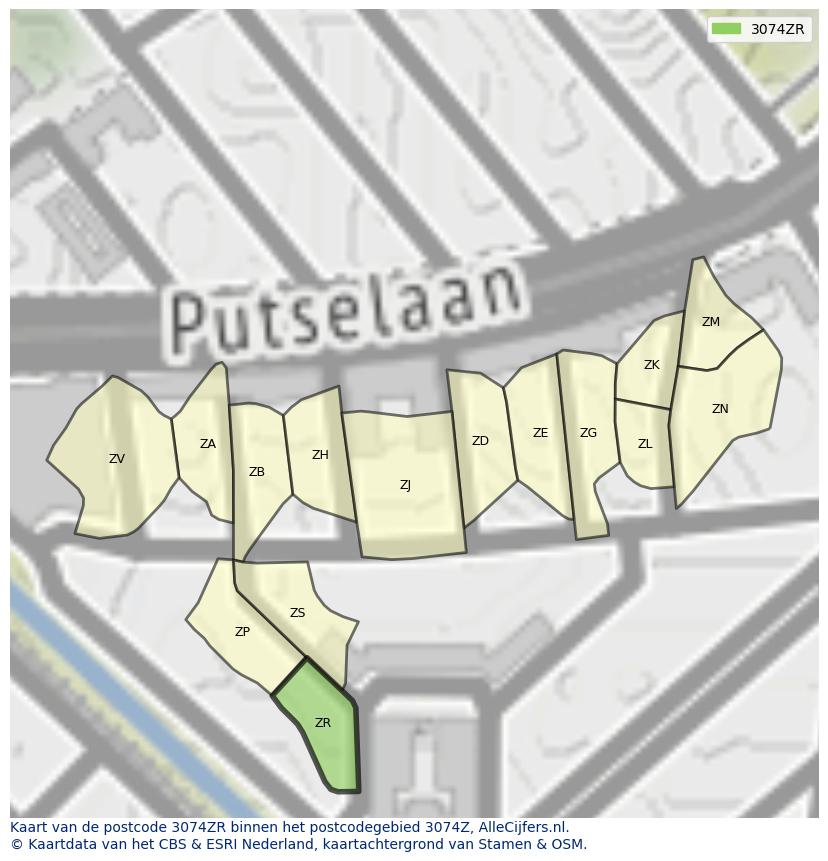 Afbeelding van het postcodegebied 3074 ZR op de kaart.