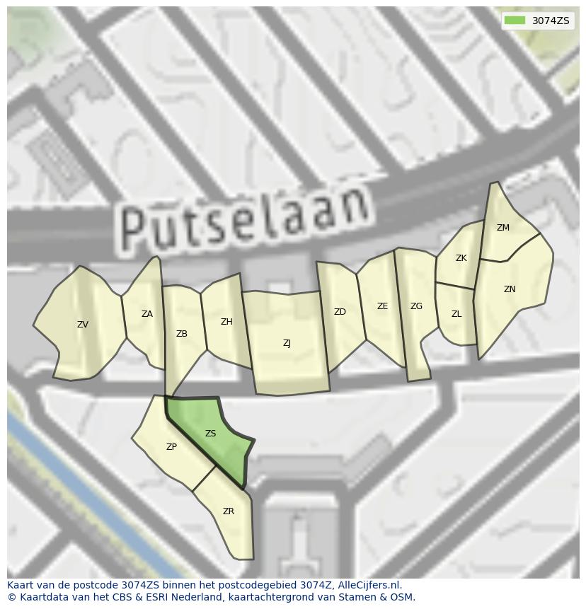 Afbeelding van het postcodegebied 3074 ZS op de kaart.