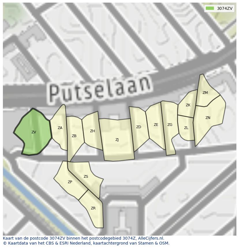 Afbeelding van het postcodegebied 3074 ZV op de kaart.