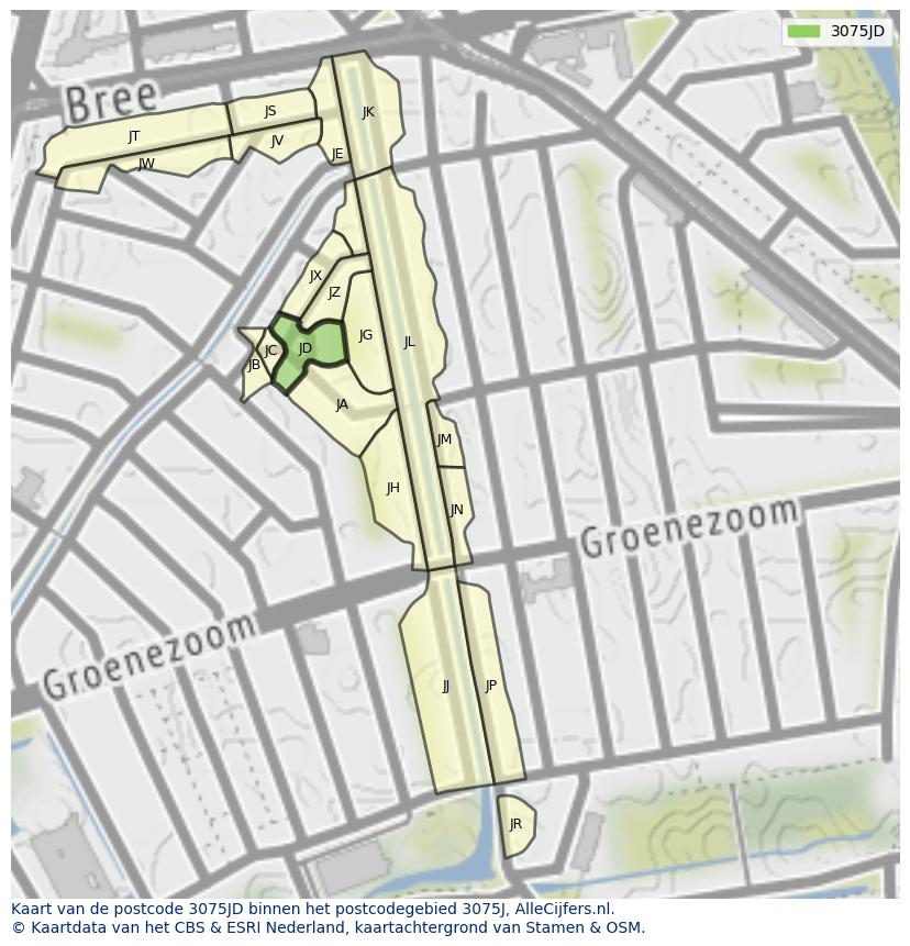 Afbeelding van het postcodegebied 3075 JD op de kaart.