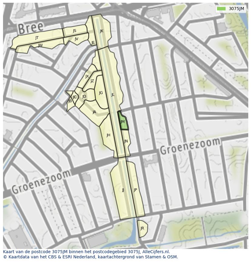 Afbeelding van het postcodegebied 3075 JM op de kaart.