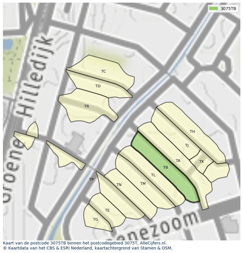 Afbeelding van het postcodegebied 3075 TB op de kaart.