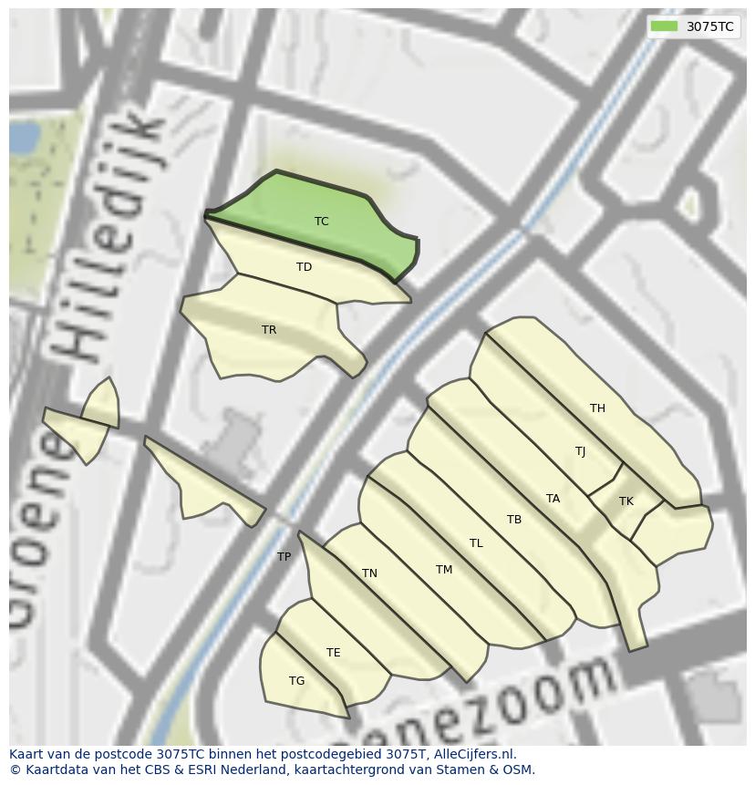 Afbeelding van het postcodegebied 3075 TC op de kaart.