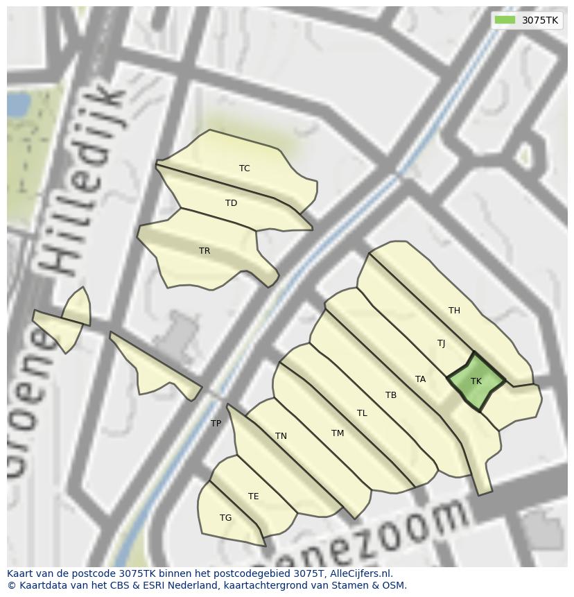 Afbeelding van het postcodegebied 3075 TK op de kaart.
