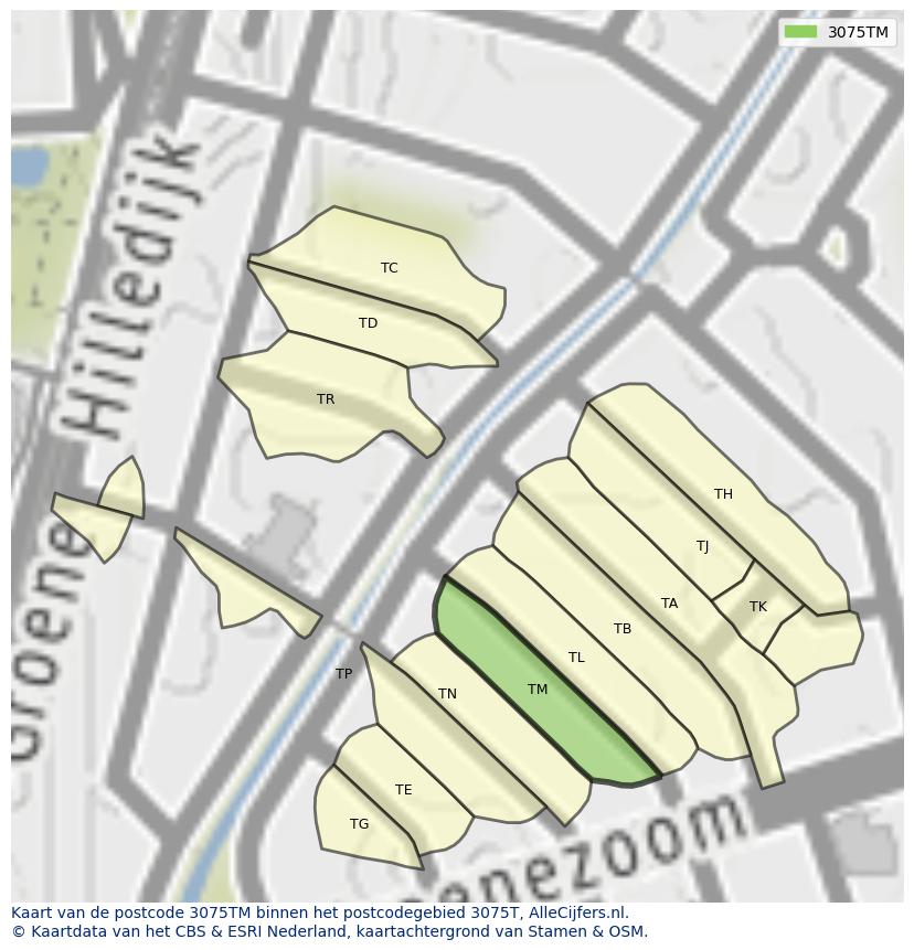 Afbeelding van het postcodegebied 3075 TM op de kaart.