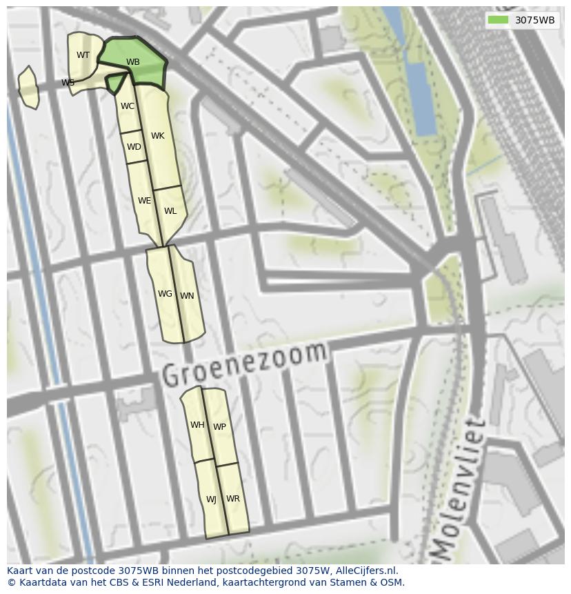 Afbeelding van het postcodegebied 3075 WB op de kaart.