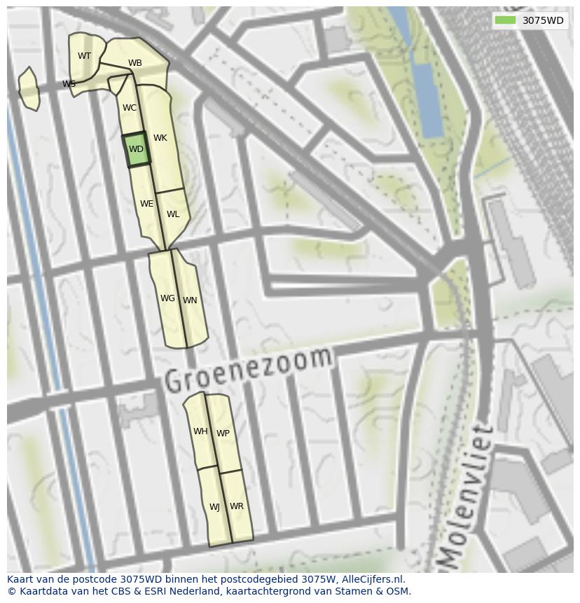 Afbeelding van het postcodegebied 3075 WD op de kaart.