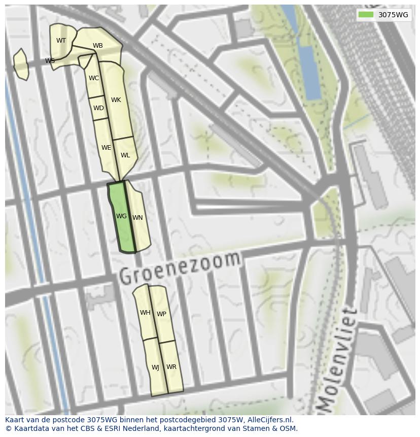 Afbeelding van het postcodegebied 3075 WG op de kaart.