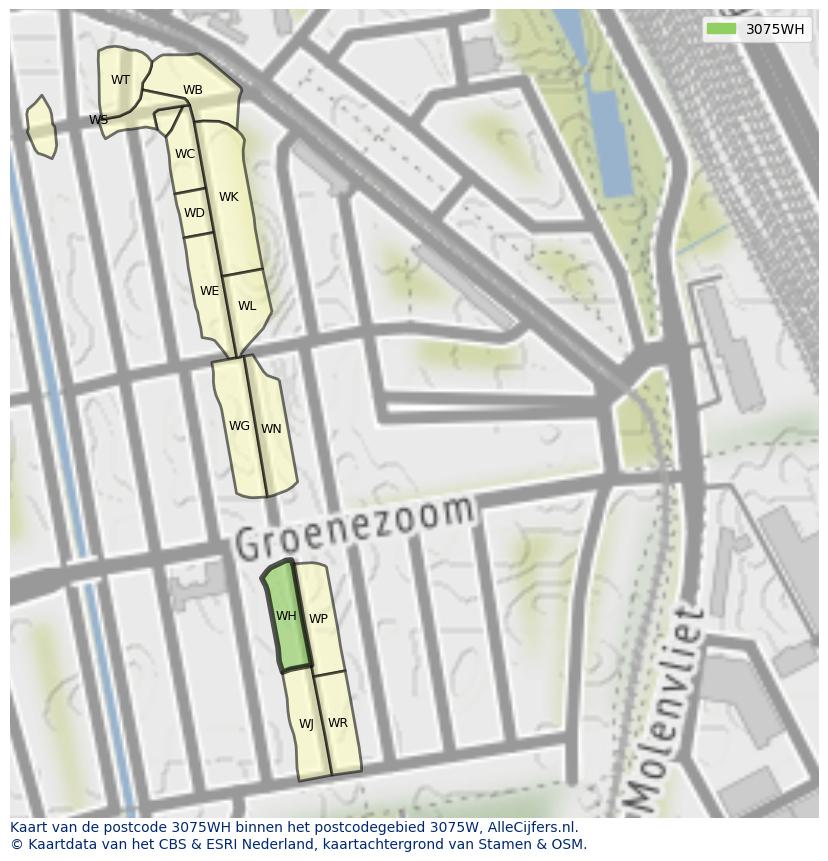 Afbeelding van het postcodegebied 3075 WH op de kaart.